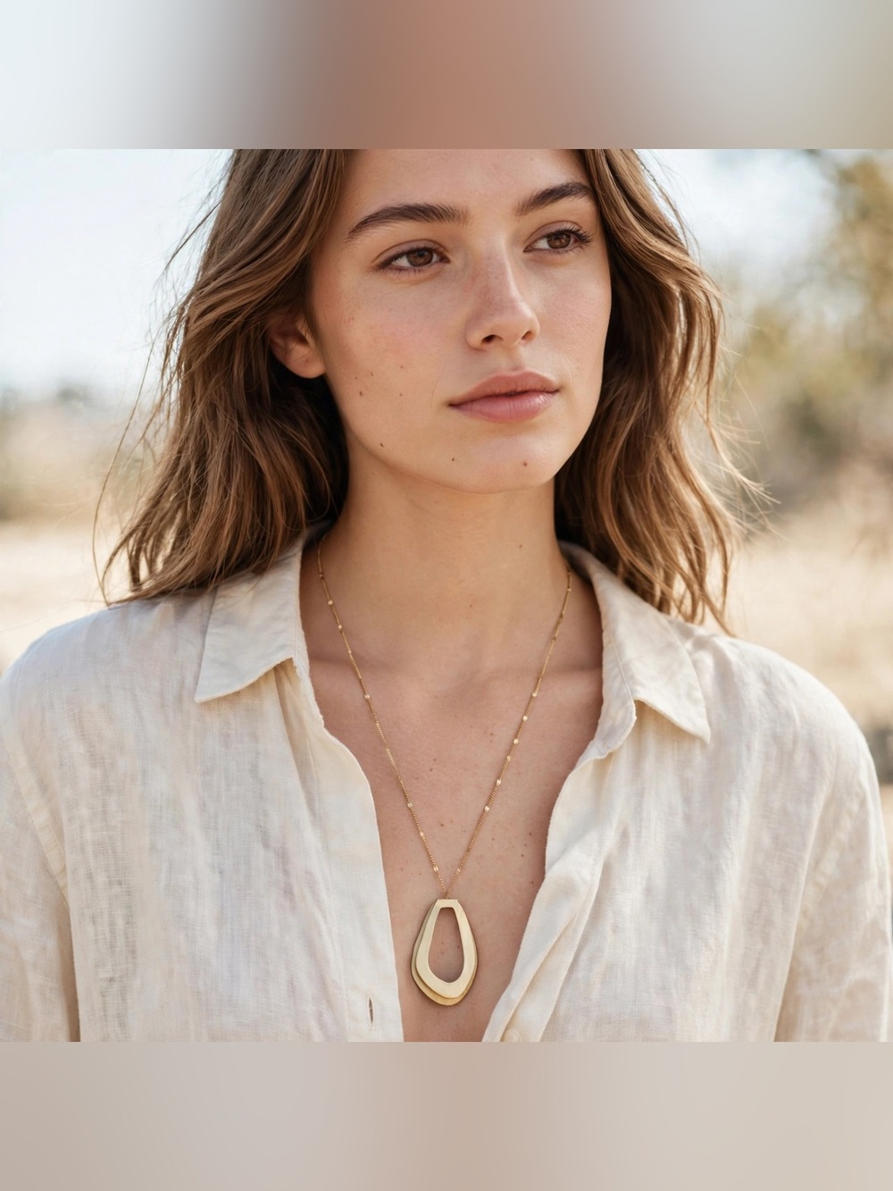 Brushed Gold Tone Geometric Statement Necklace Long Pendant Minimalist Modern
